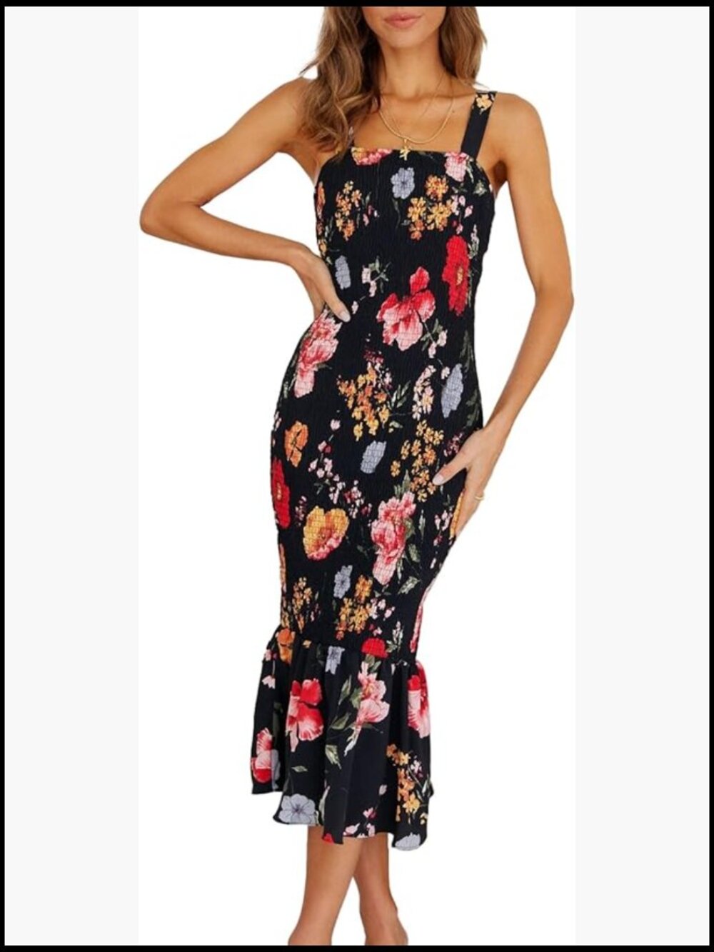 Polyester Midi Tank Dress with Ruffle Hem and Smocked Back
